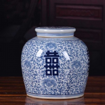 青花喜字罐，景德鎮家居擺件，插花陶瓷花瓶，陶瓷花瓶批發廠